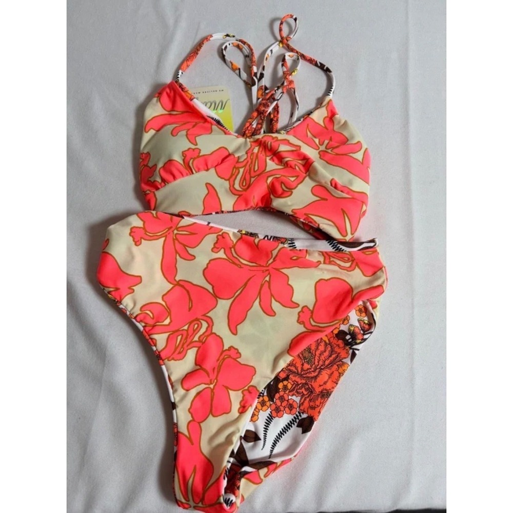 Maaji Bikini Set small neon Coral Floral Reversible High Waist New Lace Up Back